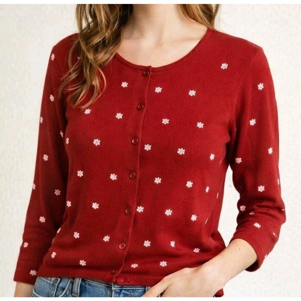 Vintage 90's Baxter & Wells Embroidered Snowflake Cardigan Sweater Womens L‎ Red